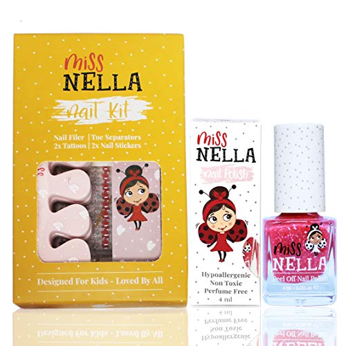 Miss Nella KIT DE UÑAS Y ESMALTE DE UÑAS Set de accesorios para niños + Esmalte de uñas Miss Nella - esmalte de uñas peel off, adhesivos para uñas, tatuajes, separadores de uñas y separadores de pies