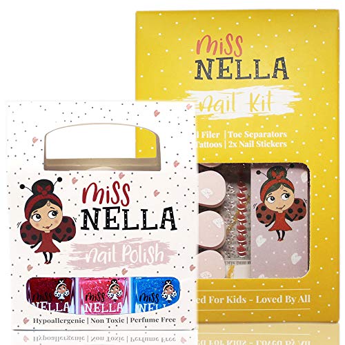 Miss Nella KIT DE UÑAS Y PAQUETE DE 3 ESMALTES - Accesorios para uñas para niños - 3 esmaltes de uñas desprendibles, adhesivos para uñas, tatuajes, separadores de uñas y separadores de dedos