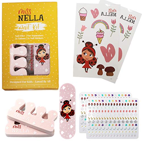 Miss Nella KIT PARA UÑAS: set de accesorios para uñas para niños: adhesivos para uñas, tatuajes, lima para uñas y separadores de dedos, todos diseñados para manos y pies de los niños