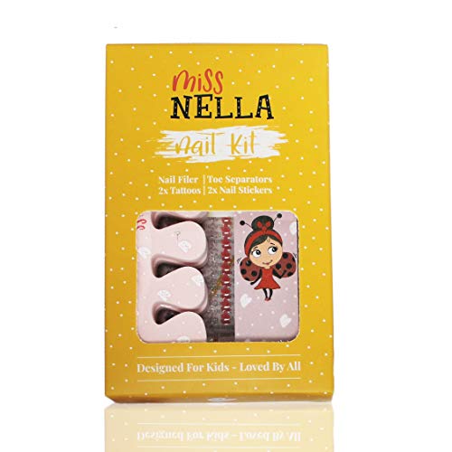 Miss Nella KIT PARA UÑAS: set de accesorios para uñas para niños: adhesivos para uñas, tatuajes, lima para uñas y separadores de dedos, todos diseñados para manos y pies de los niños