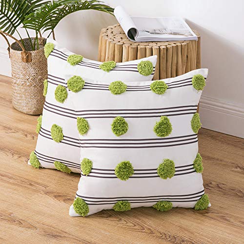MIULEE 2 Piezas Funda de Cojines Bohemios con Pompones Interesantes Funda de Almohada de Rayas Moderna Decoración para Hogar Habitacion Sofá Cama Dormitorio Hogar 45X45cm Gris Verde