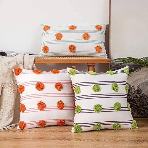 MIULEE 2 Piezas Funda de Cojines Bohemios con Pompones Interesantes Funda de Almohada de Rayas Moderna Decoración para Hogar Habitacion Sofá Cama Dormitorio Hogar 45X45cm Gris Verde
