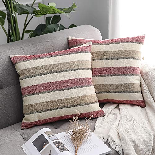 MIULEE Fundas de Cojines Almohada Rayada Caso de la Cubierta del Amortiguador Decorativo Lino Duradero Decoración para Sofá CamaTrigo 18"x18" 45x45 cm 2 Piezas Vino
