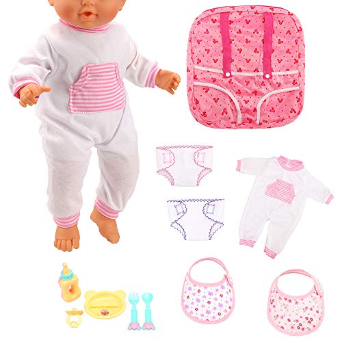 Miunana Accesorios: 1x Ropa +1x Mochila + 1x Vajilla + 2X Pañales + 2X Baberos para 14-18 Pulgadas Muñecas Baby Doll Baby Alive (Ropa + Accesorios + Mochila)