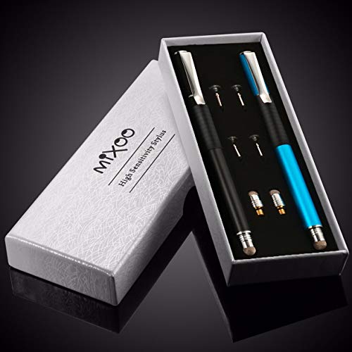 Mixoo Precisión Lápiz de Punta Disco Stylus 2 in 1 Lapiz Táctil Capacitivo Universal con puntas de repuesto Discos 2, y 1 Puntas de Fibra para Pantallas Táctiles (Negro+Azul)