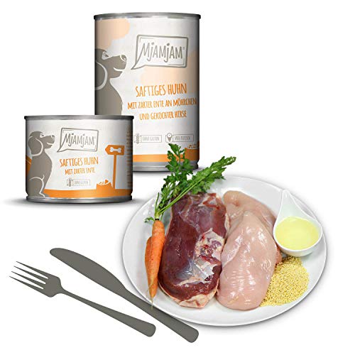 MjAMjAM - Pienso acuoso para Perros - Jugoso Pollo con Suave Pato con Zanahorias y mijo cocido - Natural - 6 x 200 g