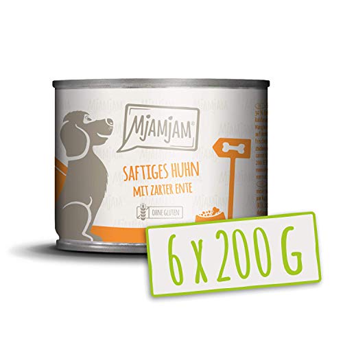 MjAMjAM - Pienso acuoso para Perros - Jugoso Pollo con Suave Pato con Zanahorias y mijo cocido - Natural - 6 x 200 g
