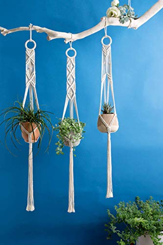 Mkouo Macramé Suspensión de Plantas Conjunto de 3 Interior Colgar en la Pared Planter Basket Flower Pot Holder Boho Home Decor, 99cm