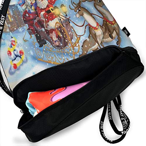 MLNHY Printed Drawstring Backpacks Bags,Santa In Sleigh with Reindeer and Toys In Snowy North Pole Tale Fantasy Image,Adjustable String Closure