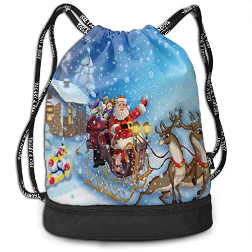 MLNHY Printed Drawstring Backpacks Bags,Santa In Sleigh with Reindeer and Toys In Snowy North Pole Tale Fantasy Image,Adjustable String Closure