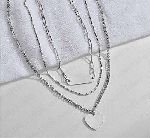 MNMXW Collar de múltiples Capas con Colgante Largo de Amor Que conserva el Color de Acero Inoxidable, Cadena de Cuello Di de Salto Fresco para Mujer Coreana Hip Hop Earth-Plata