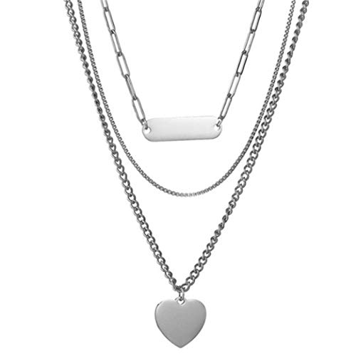 MNMXW Collar de múltiples Capas con Colgante Largo de Amor Que conserva el Color de Acero Inoxidable, Cadena de Cuello Di de Salto Fresco para Mujer Coreana Hip Hop Earth-Plata