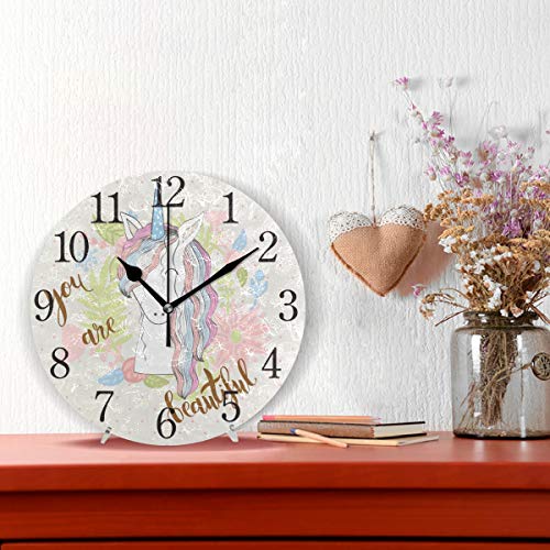 Mnsruu You Are Beautiful Unicorn Reloj de Pared Redondo, Pintura al óleo silenciosa para Dormitorio, Sala de Estar, Oficina, Escuela, decoración del hogar
