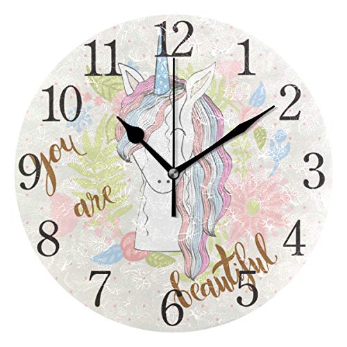Mnsruu You Are Beautiful Unicorn Reloj de Pared Redondo, Pintura al óleo silenciosa para Dormitorio, Sala de Estar, Oficina, Escuela, decoración del hogar