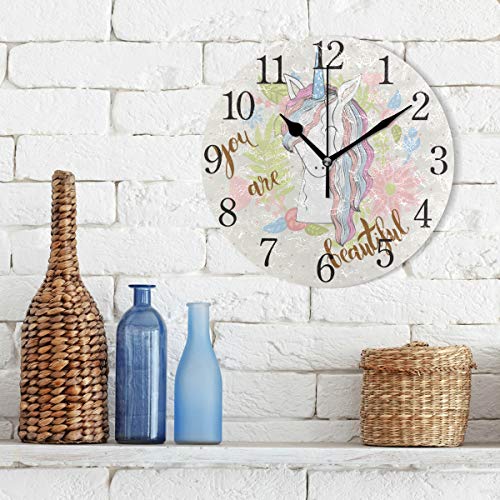 Mnsruu You Are Beautiful Unicorn Reloj de Pared Redondo, Pintura al óleo silenciosa para Dormitorio, Sala de Estar, Oficina, Escuela, decoración del hogar