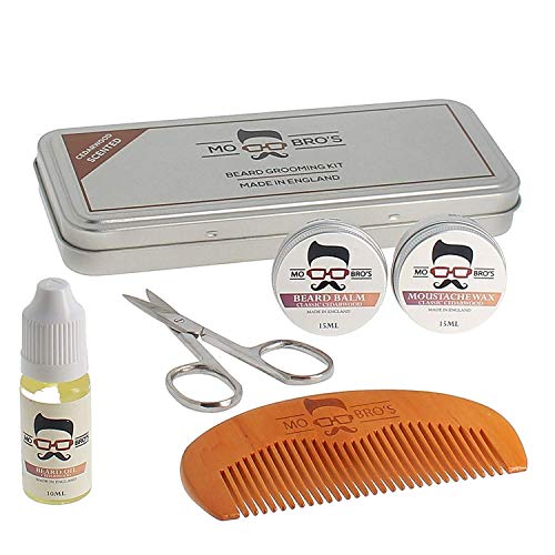 Mo Bro's Kit de Preparación Masculina - Lata de Regalo, Cera de Bigote, Bálsamo de Bigote, Aceite, Peine y Tijeras