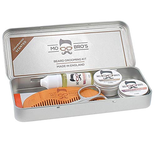 Mo Bro's Kit de Preparación Masculina - Lata de Regalo, Cera de Bigote, Bálsamo de Bigote, Aceite, Peine y Tijeras
