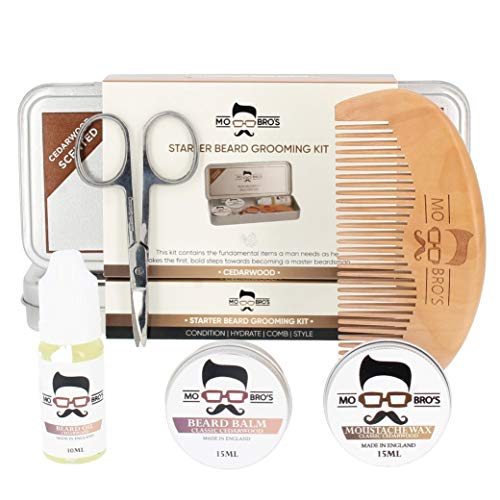 Mo Bro's Kit de Preparación Masculina - Lata de Regalo, Cera de Bigote, Bálsamo de Bigote, Aceite, Peine y Tijeras