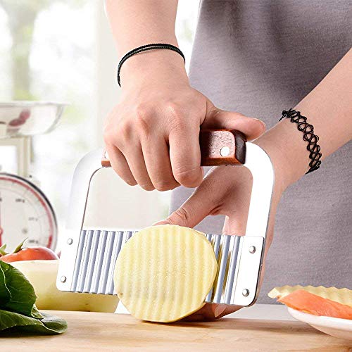 MOACC Cortador de la Cortadora de Viruta Ondulada de Patata de Acero Inoxidable con Mango de Madera Herramienta de Corte de Cocina para Patatas Zanahorias Pepinos, Set de 2 Piezas