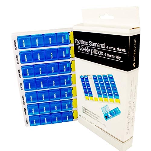 Mobiclinic Pastillero semanal con 4 Tomas diarias | Compartimentos de fácil extracción | Dimensiones: 21 x 12,5 x 2,5 cm