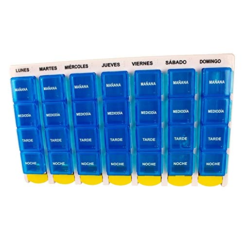 Mobiclinic Pastillero semanal con 4 Tomas diarias | Compartimentos de fácil extracción | Dimensiones: 21 x 12,5 x 2,5 cm