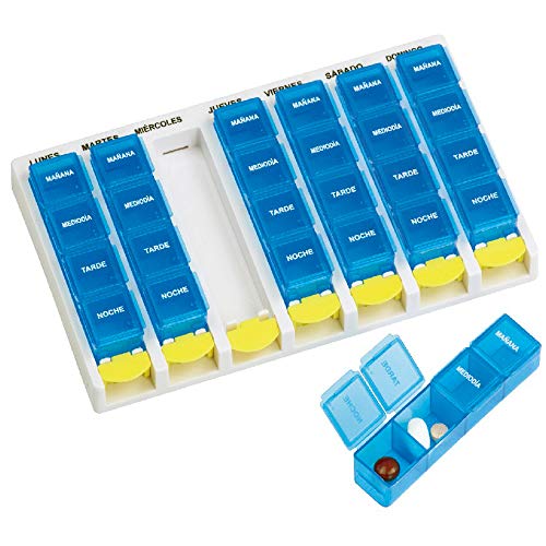 Mobiclinic Pastillero semanal con 4 Tomas diarias | Compartimentos de fácil extracción | Dimensiones: 21 x 12,5 x 2,5 cm