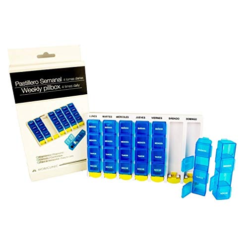 Mobiclinic Pastillero semanal con 4 Tomas diarias | Compartimentos de fácil extracción | Dimensiones: 21 x 12,5 x 2,5 cm