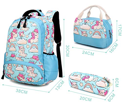 Mochila Escolar Chica Unicornio Linda Set de Mochilas con Bolsa del Almuerzo y Estuche de Lápices para Niñas Infantil Adolescentes Las Mujeres Viaje Bolso 3 en 1 Casual Backpack Azul