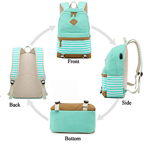 Mochila Escolares Mujer Mochila de Lona Casual Backpack Laptop Mochila para Ordenador Portátil 15.6 Pulgadas, USB Charging Port - 3 Packs (Verde)