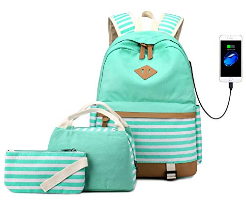 Mochila Escolares Mujer Mochila de Lona Casual Backpack Laptop Mochila para Ordenador Portátil 15.6 Pulgadas, USB Charging Port - 3 Packs (Verde)
