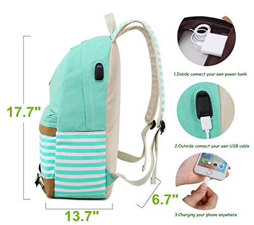 Mochila Escolares Mujer Mochila de Lona Casual Backpack Laptop Mochila para Ordenador Portátil 15.6 Pulgadas, USB Charging Port - 3 Packs (Verde)