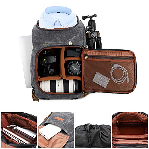 Mochila Fotografica Vintage de BAIGIO Mochila Cámara Reflex DSLR SLR Canon-Nikon-Sony para Hombres Mujeres Profesional Mochila Fotografia para Lentes Trípodes Flash Laptop Portátil (Negro-1)