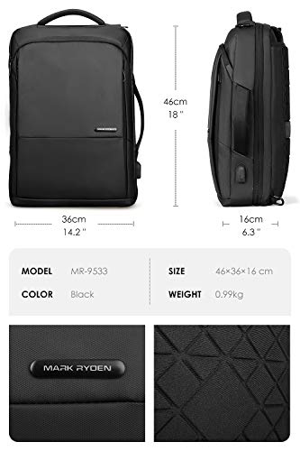 Mochila para portátil de Negocios MARK RYDEN 3 en 1 Bolso Bandolera a Prueba de Agua para Hombres y Mujeres con Puerto USB Apto para computadora portátil de 15.6 Pulgadas