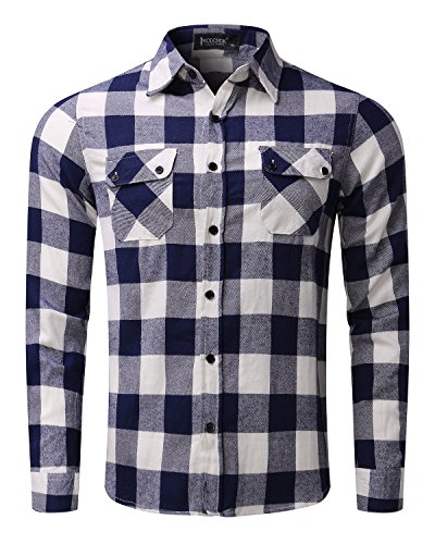 MODCHOK Hombre Camisa a Cuadros Casual de Franela Manga Larga Shirt Algod¨®n Slim Fit?Azul Blanco M