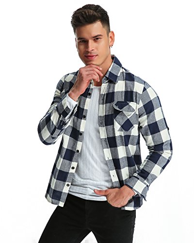 MODCHOK Hombre Camisa a Cuadros Casual de Franela Manga Larga Shirt Algod¨®n Slim Fit?Azul Blanco M