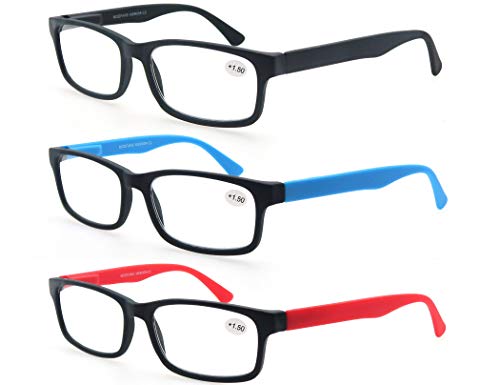 MODFANS Pack de 3 Gafas de Lectura 1.5/Gafas para Presbicia Hombres/Mujeres,Buena Vision Ligeras Comodas,Vista de Cerca/Vista Cansada,Colores Negro-Rojo-Azul