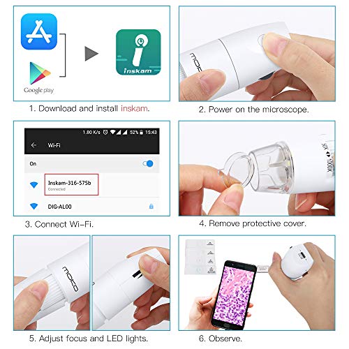 MoKo WiFi USB Microscopio Digital, 1080P HD 2MP Camera, 1000x Aumento Mini Bolsillo Niños estudiante Endoscopio Inalámbrico de Mano con 8 LED, Soporte de Brazo para iPhone ios Android ipad Windows Mac