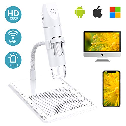 MoKo WiFi USB Microscopio Digital, 1080P HD 2MP Camera, 1000x Aumento Mini Bolsillo Niños estudiante Endoscopio Inalámbrico de Mano con 8 LED, Soporte de Brazo para iPhone ios Android ipad Windows Mac