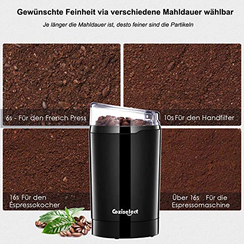 Molinillo de Café Eléctrico, Coziselect Molinillos de Especias Semillas Frutos Secos con Cuchillas de Acero Inoxidable, Capacidad 75 g, 220W, Negro