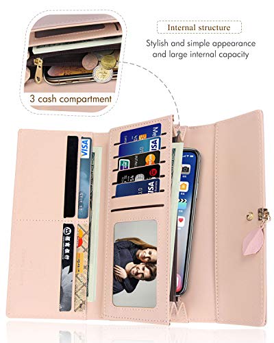 Monedero para mujer, cartera con múltiples ranuras para tarjetas, cartera larga de piel sintética con colgante de hoja, bolsillo para teléfono con cremallera (rosa)