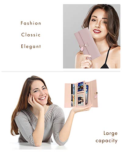 Monedero para mujer, cartera con múltiples ranuras para tarjetas, cartera larga de piel sintética con colgante de hoja, bolsillo para teléfono con cremallera (rosa)