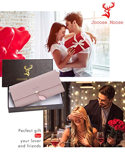 Monedero para mujer, cartera con múltiples ranuras para tarjetas, cartera larga de piel sintética con colgante de hoja, bolsillo para teléfono con cremallera (rosa)