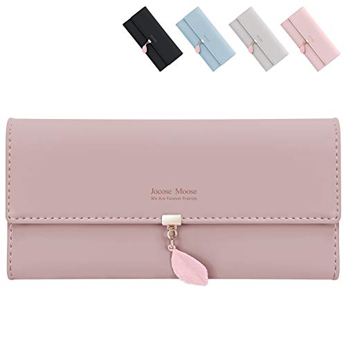 Monedero para mujer, cartera con múltiples ranuras para tarjetas, cartera larga de piel sintética con colgante de hoja, bolsillo para teléfono con cremallera (rosa)