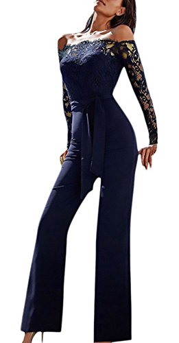 Monos De Vestir Mujer Fiesta Largos Elegantes Vintage Encaje Splicing Jumpsuit para Bodas Manga Larga Hombros Descubiertos Slim Monos Largos Mono Fiesta Pantalones con Cinturón