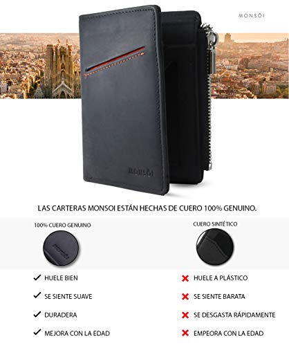 MONSOI® Cartera Hombre Pequeña RFID de Piel Auténtica | Cartera Minimalista con Llavero | Fina y Ligera, Espacio Para Hasta 10 Tarjetas, Efectivo y Monedas | Billetera Hombre Con monedero y cremallera