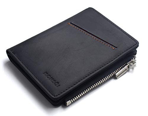 MONSOI® Cartera Hombre Pequeña RFID de Piel Auténtica | Cartera Minimalista con Llavero | Fina y Ligera, Espacio Para Hasta 10 Tarjetas, Efectivo y Monedas | Billetera Hombre Con monedero y cremallera