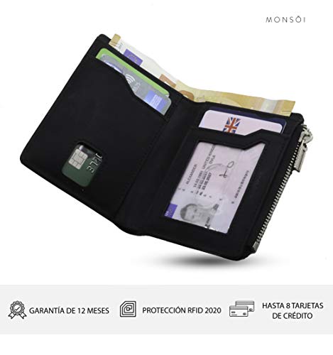 MONSOI® Cartera Hombre Pequeña RFID de Piel Auténtica | Cartera Minimalista con Llavero | Fina y Ligera, Espacio Para Hasta 10 Tarjetas, Efectivo y Monedas | Billetera Hombre Con monedero y cremallera