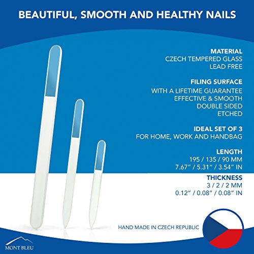 Mont Bleu Profesional Conjunto de 3 limas de uñas de cristal - vidrio templado checo auténtico - Garantía de por vida - Fabricado a mano en la República Checa - Limas para Uñas naturales