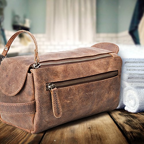 Moonster Neceser de Viaje para Hombre y Mujer – Bolsa de Aseo para Hombre Hecha a Mano Estilo Neceser Vintage Resistente Compacta y Práctica – Almacene los Artículos de Aseo para Viaje con Estilo