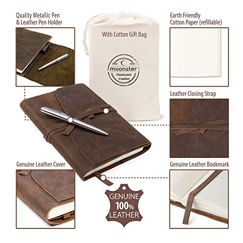 Moonster Set de Cuaderno de Cuero Rellenable y Bolígrafo de Lujo – Diario de Escritura Rústico A5 Hecho a Mano - Diario de Cuero para Dibujar y Escribir - El Cuaderno de Viaje de Tamaño Perfecto